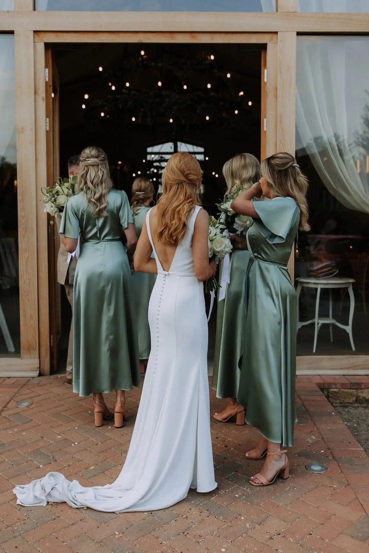 Florence Wrap Bridesmaids Dress In Sage Green Satin Rewritten Florence Wrap Bridesmaids Dress In Sage Green Satin Rewritten